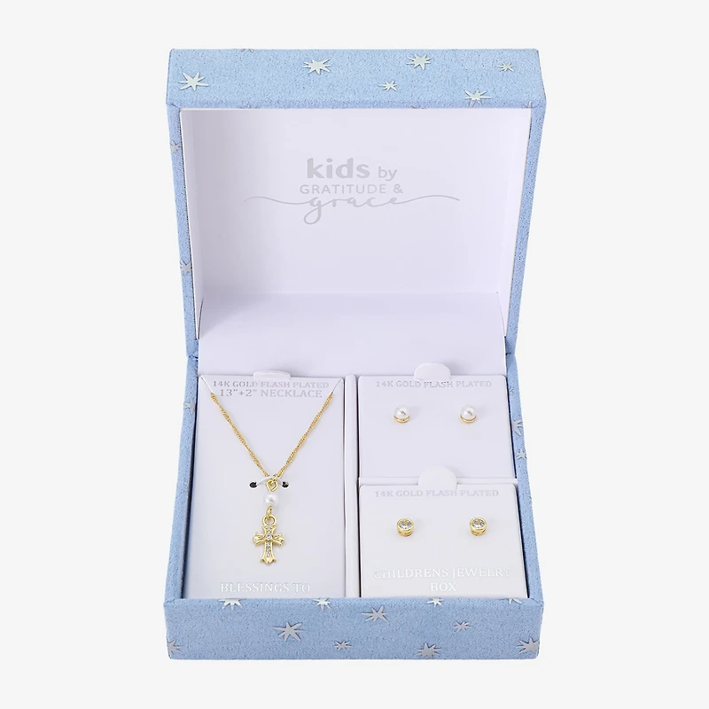 Gratitude & Grace Girls Cubic Zirconia 14K Gold Over Brass Cross 3-pc. Jewelry Set