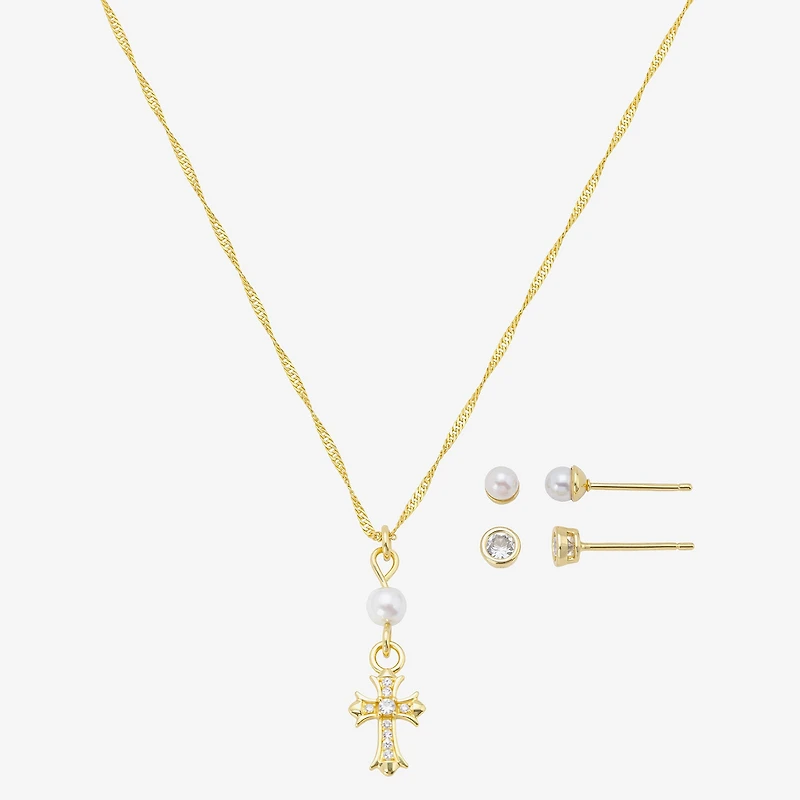 Gratitude & Grace Girls Cubic Zirconia 14K Gold Over Brass Cross 3-pc. Jewelry Set