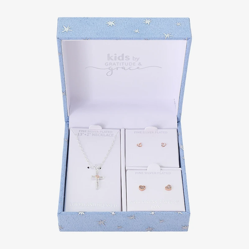 Gratitude & Grace Girls Cubic Zirconia 14K Gold Over Brass Pure Silver Over Brass Cross Heart 3-pc. Jewelry Set