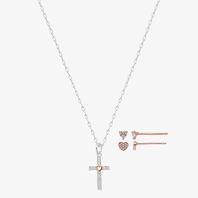 Gratitude & Grace Girls Cubic Zirconia 14K Gold Over Brass Pure Silver Over Brass Cross Heart 3-pc. Jewelry Set