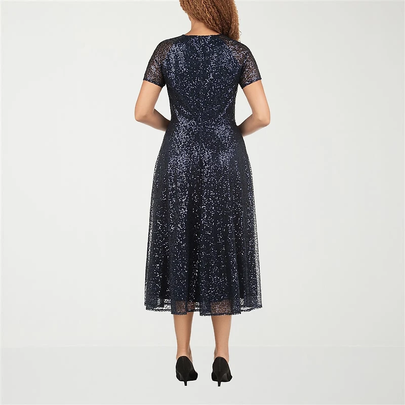 Giovanna Signature Womens Midi V Neck Short Sleeve A-Line Dress
