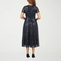 Giovanna Signature Womens Midi V Neck Short Sleeve A-Line Dress