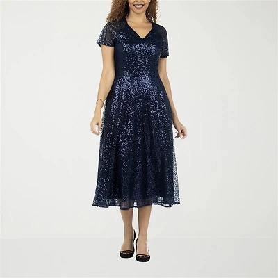 Giovanna Signature Womens Midi V Neck Short Sleeve A-Line Dress