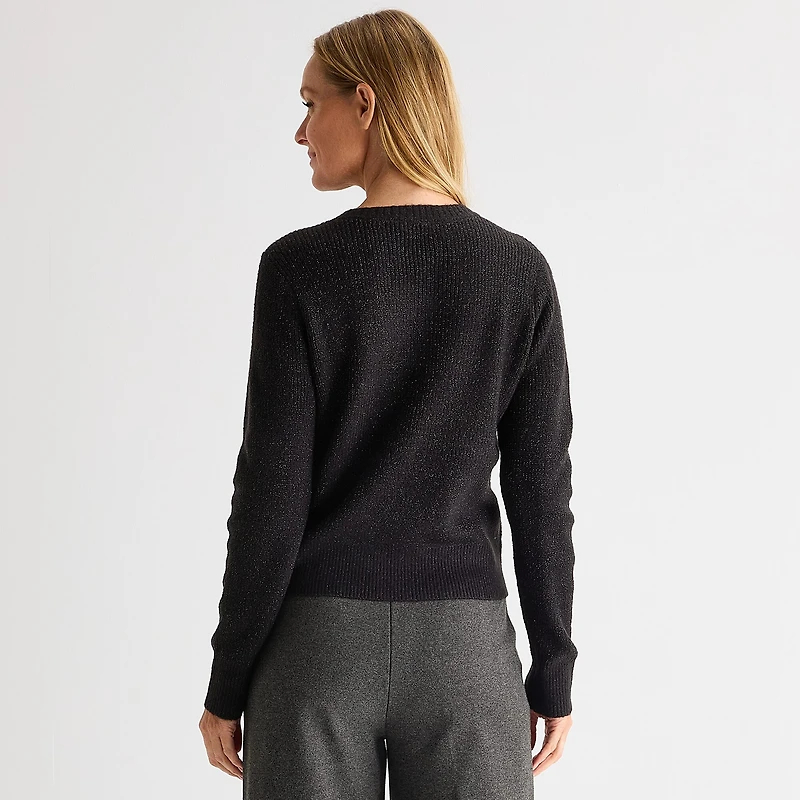 Liz Claiborne Womens Crew Neck Embellished Long Sleeve Pullover Sweater