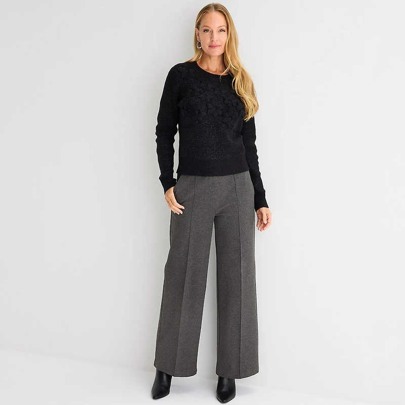 Liz Claiborne Womens Crew Neck Embellished Long Sleeve Pullover Sweater