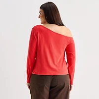 a.n.a Womens Plus Asymmetrical Neck Long Sleeve T-Shirt