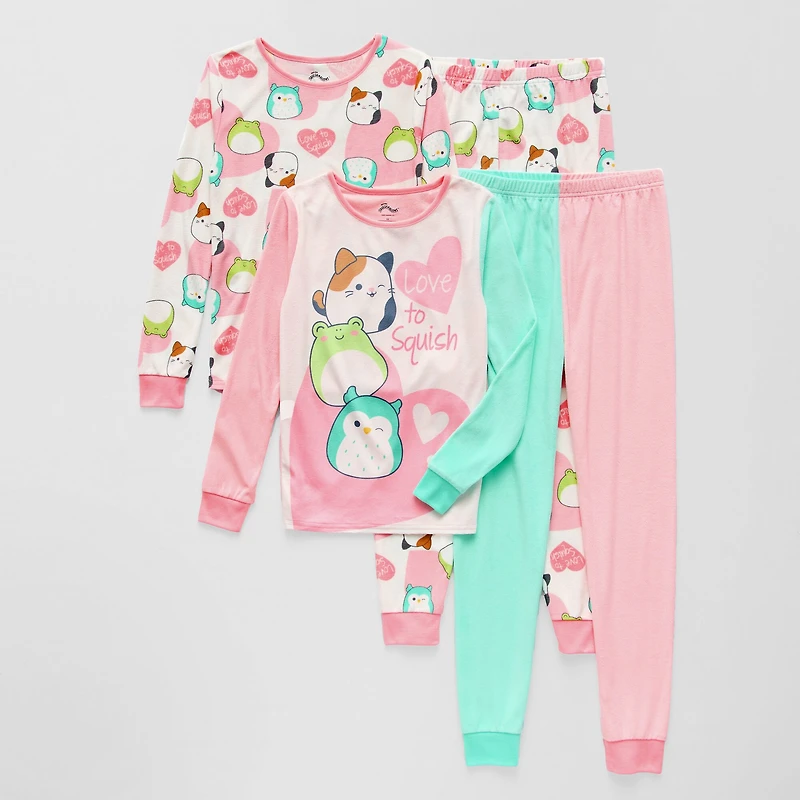 Little & Big Kid Girls Squishmallows Fleece Crew Neck Long Sleeve 4-pc. Pajama Set