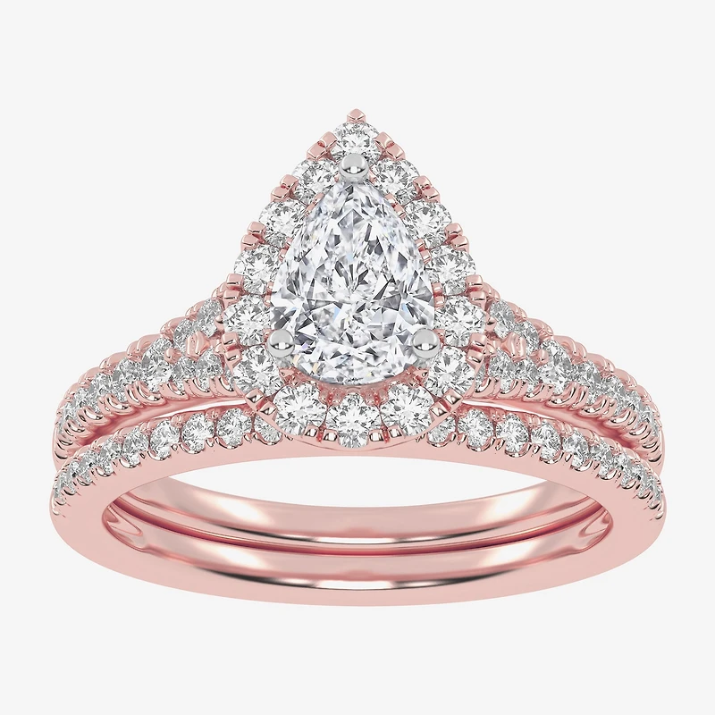 (G-H / Vs2-Si1) Womens 1 CT. T.W. Lab Grown White Diamond 10K Gold Pear Side Stone Halo Bridal Set