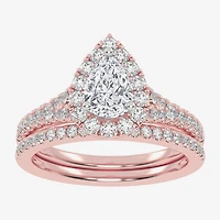 (G-H / Vs2-Si1) Womens 1 CT. T.W. Lab Grown White Diamond 10K Gold Pear Side Stone Halo Bridal Set