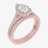 (G-H / Vs2-Si1) Womens 1 CT. T.W. Lab Grown White Diamond 10K Gold Pear Side Stone Halo Bridal Set