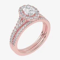 (G-H / Vs2-Si1) Womens 1 CT. T.W. Lab Grown White Diamond 10K Gold Oval Side Stone Halo Bridal Set