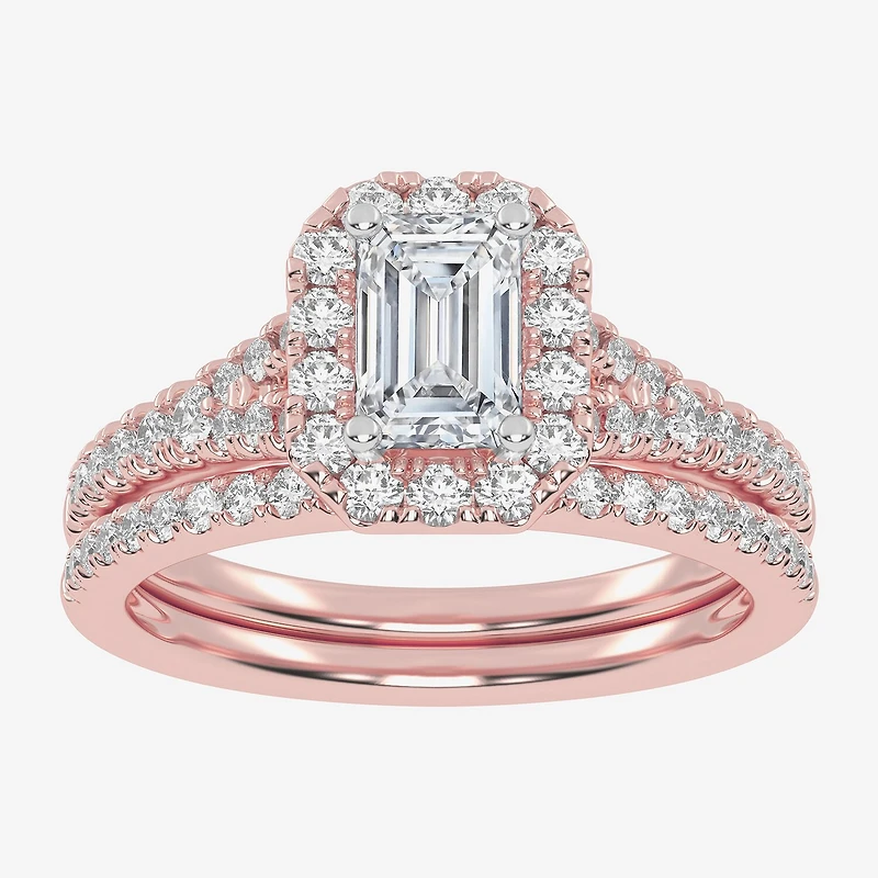 (G-H / Vs2-Si1) Womens 1 CT. T.W. Lab Grown White Diamond 10K Gold Side Stone Halo Bridal Set