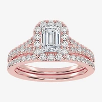 (G-H / Vs2-Si1) Womens 1 CT. T.W. Lab Grown White Diamond 10K Gold Side Stone Halo Bridal Set
