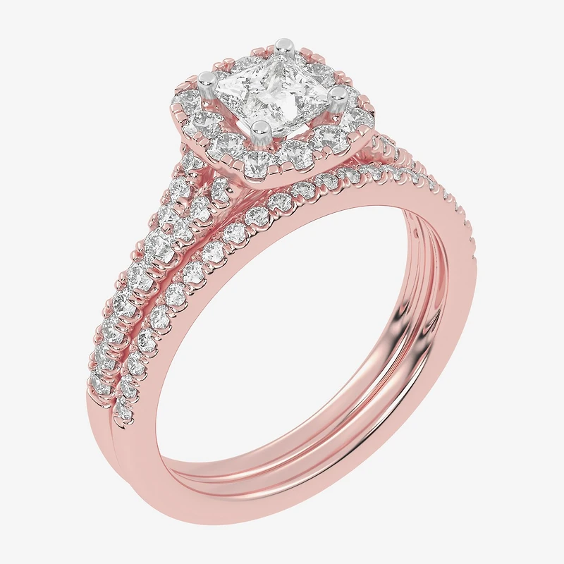 (G-H / Vs2-Si1) Womens 1 CT. T.W. Lab Grown White Diamond 10K Gold Cushion Side Stone Halo Bridal Set