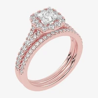 (G-H / Vs2-Si1) Womens 1 CT. T.W. Lab Grown White Diamond 10K Gold Cushion Side Stone Halo Bridal Set