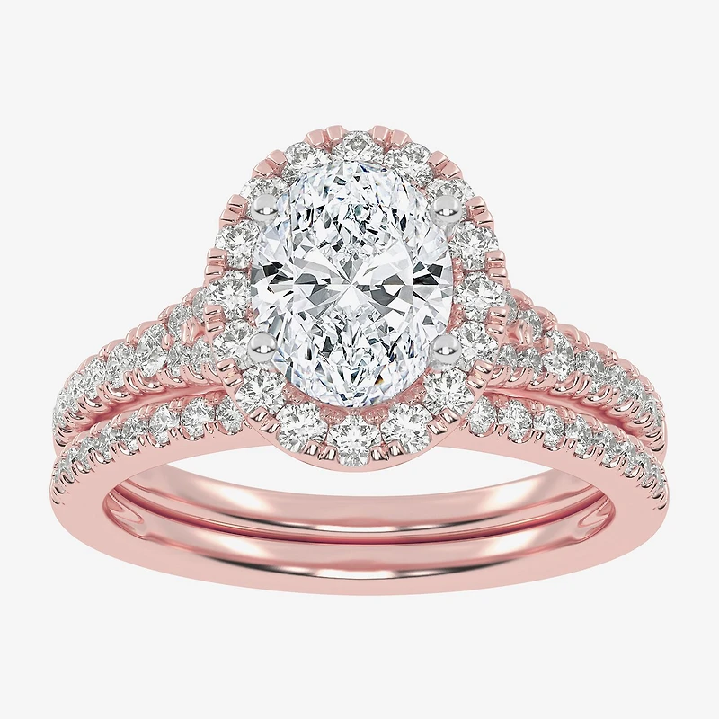 (G-H / Vs2-Si1) Womens 1 1/2 CT. T.W. Lab Grown White Diamond 14K Gold Oval Side Stone Halo Bridal Set