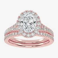 (G-H / Vs2-Si1) Womens 1 1/2 CT. T.W. Lab Grown White Diamond 14K Gold Oval Side Stone Halo Bridal Set