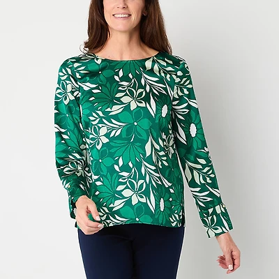 Liz Claiborne Womens Round Neck Long Sleeve Satin Blouse