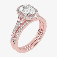 (G-H / Vs2-Si1) Womens 1 1/2 CT. T.W. Lab Grown White Diamond 14K Gold Oval Side Stone Halo Bridal Set