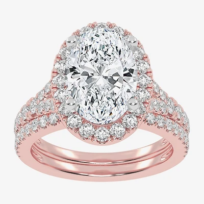 (G-H / Vs2-Si1) Womens 3 3/4 CT. T.W. Lab Grown White Diamond 14K Gold Oval Side Stone Halo Bridal Set