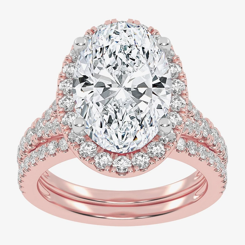 (G-H / Vs2-Si1) Womens 4 3/4 CT. T.W. Lab Grown White Diamond 14K Gold Oval Side Stone Halo Bridal Set