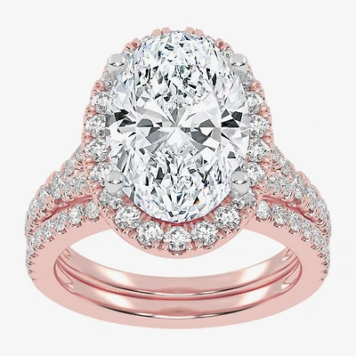 (G-H / Vs2-Si1) Womens 4 3/4 CT. T.W. Lab Grown White Diamond 14K Gold Oval Side Stone Halo Bridal Set