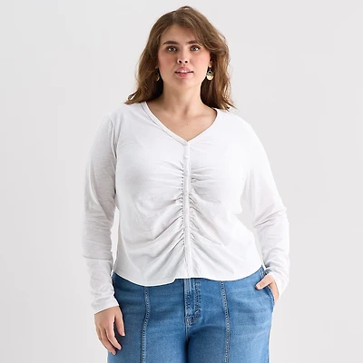 a.n.a Womens Plus Y Neck Long Sleeve T-Shirt