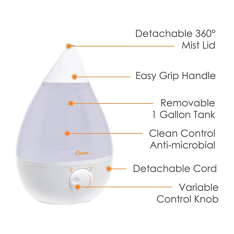 Crane Drop 1 Gallon Ultrasonic Cool Mist Humidifier