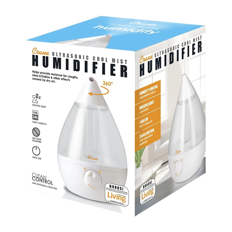 Crane Drop 1 Gallon Ultrasonic Cool Mist Humidifier