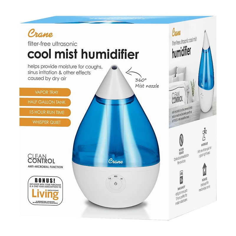 Crane Droplet 0.5 Gallon Ultrasonic Cool Mist Humidifier