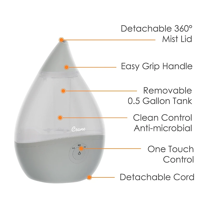 Crane Droplet 0.5 Gallon Ultrasonic Cool Mist Humidifier - Gray