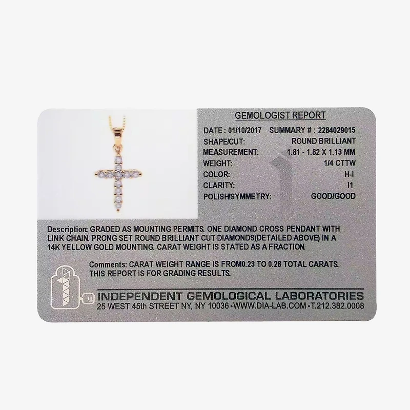 Womens 1/ CT. T.W. Natural White Diamond 14K Gold Cross 18 Inch Pendant Necklace