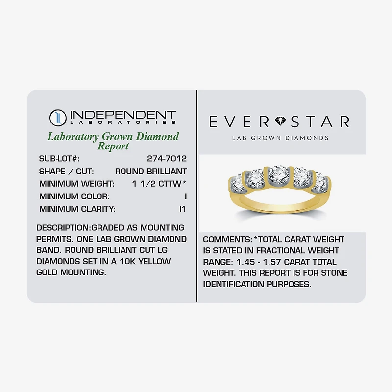 (H-I / I1) Womens 2MM 1 1/2 CT. T.W. Lab Grown White Diamond 10K Gold 5-Stone Anniversary Band