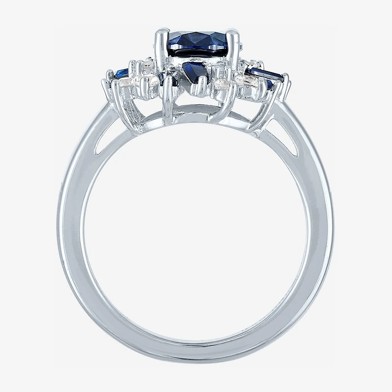 Womens Lab Created Blue Sapphire Sterling Silver Oval Cluster Halo Cocktail Ring