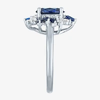 Womens Lab Created Blue Sapphire Sterling Silver Oval Cluster Halo Cocktail Ring