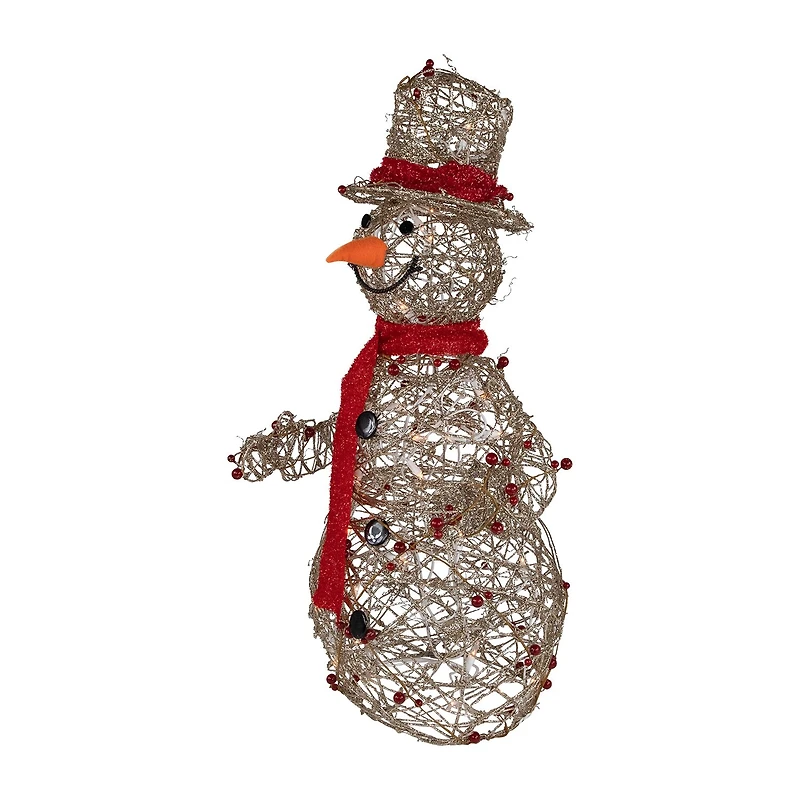 28'' Pre-Lit Champagne Gold and Red Glittered Snowman Outdoor Christmas Yard Decor