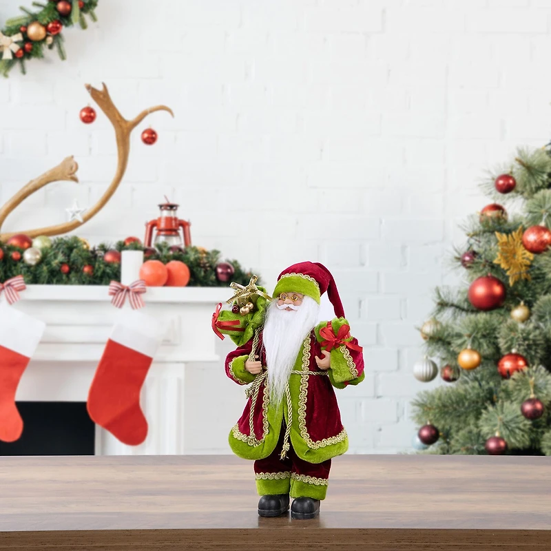12'' Red and Green Santa Claus with Gift Bag Christmas Figure
