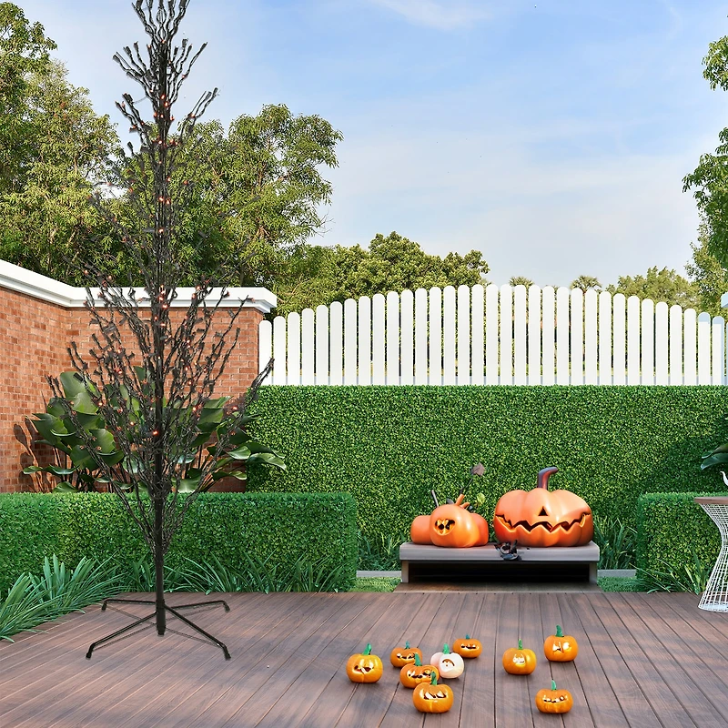 9' Pre-Lit Black Cascade Outdoor Halloween Twig Tree Orange Lights