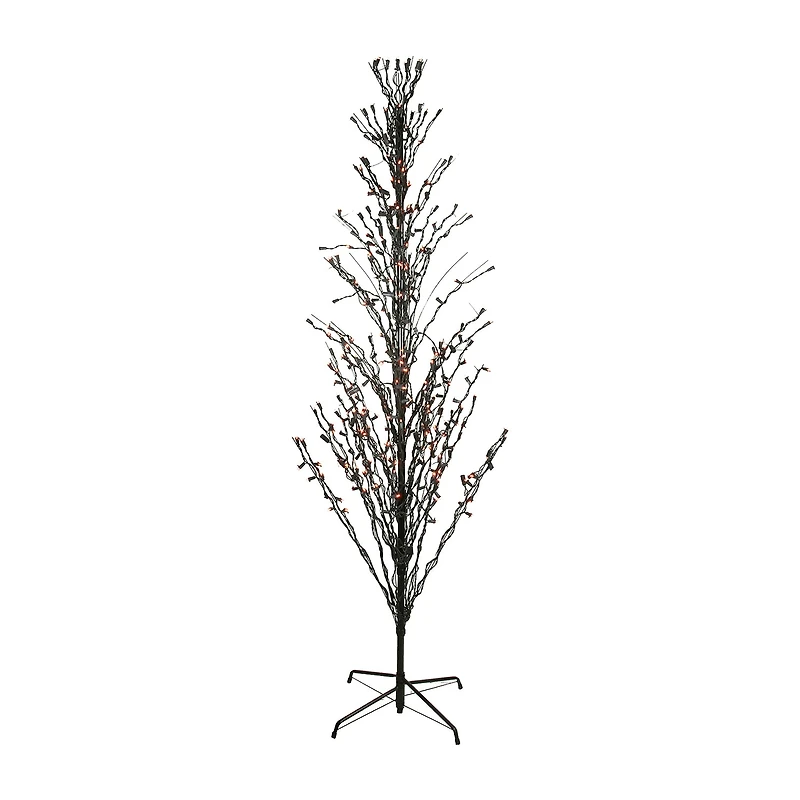 6' Pre-Lit Black Cascade Outdoor Halloween Twig Tree Orange Lights