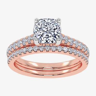 (H-I / Si2-I1) Womens 1 1/2 CT. T.W. Lab Grown White Diamond 10K Gold Cushion Side Stone Bridal Set
