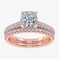 (H-I / Si2-I1) Womens 1 1/2 CT. T.W. Lab Grown White Diamond 10K Gold Cushion Side Stone Bridal Set