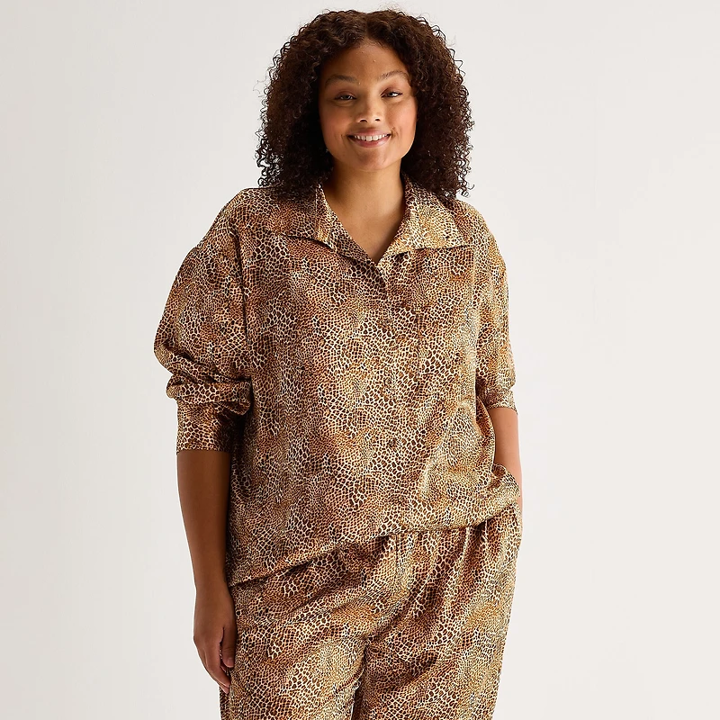 Ambrielle Womens Satin Long Sleeve 2-pc. Plus Pajama Set