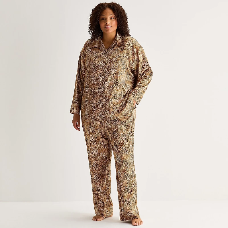 Ambrielle Womens Satin Long Sleeve 2-pc. Plus Pajama Set