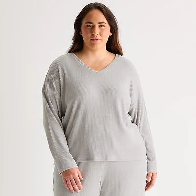 Ambrielle Womens Rib V Neck Long Sleeve Plus Pajama Top