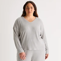Ambrielle Womens Rib V Neck Long Sleeve Plus Pajama Top