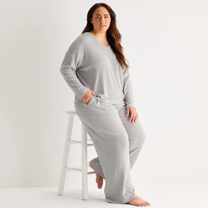 Ambrielle Womens Rib V Neck Long Sleeve Plus Pajama Top