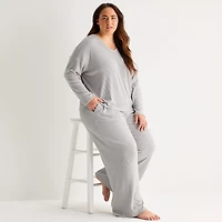 Ambrielle Womens Rib V Neck Long Sleeve Plus Pajama Top