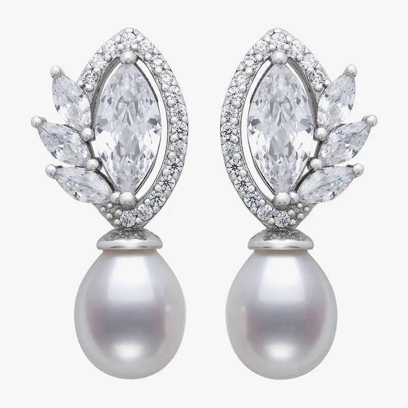 Womens White Cultured Freshwater Pearl Sterling Silver Marquise Drop Earrings