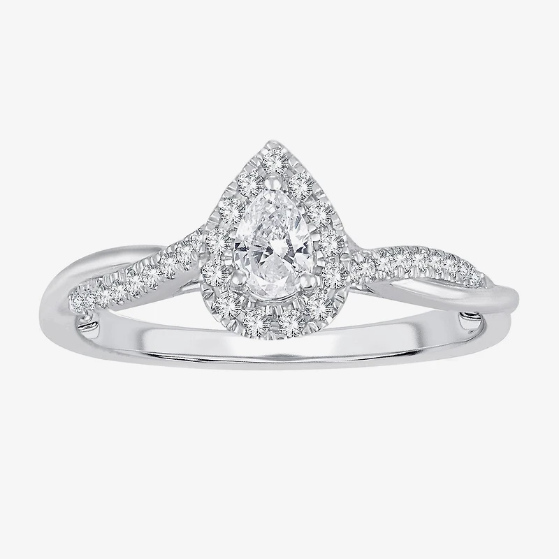 Womens 1/3 CT. T.W. Natural White Diamond 10K Gold Pear Halo Engagement Ring