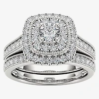 Womens 3/4 CT. T.W. Natural White Diamond 14K Gold Cushion Halo Bridal Set